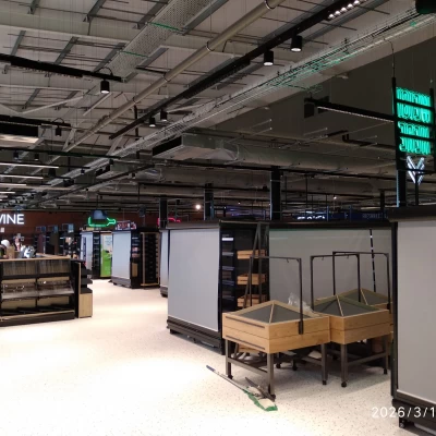 M&S Foodhall store floor prior to reopening showing cabinets and empty shelves