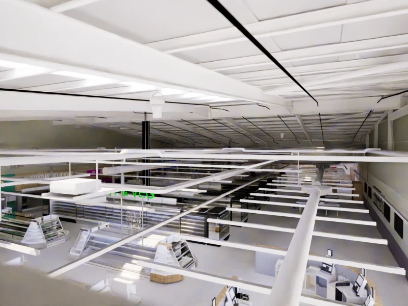 High quality render using BIM, to show ariel view above refrigeration pipework