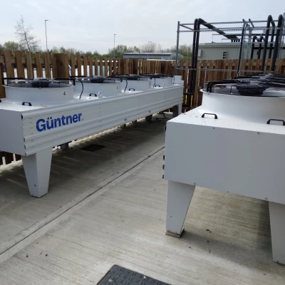 Two Guntner gas coolers outside chilled distribution centre