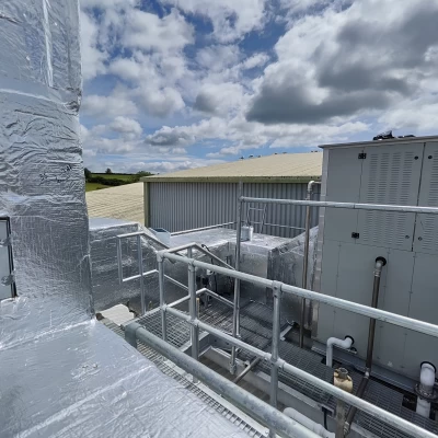 Rooftop view of ducting and handrail installation at food manufacturing facility