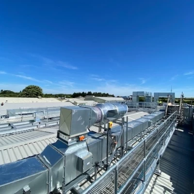 Rooftop view of extract fan installation on top of food manufacturing facility
