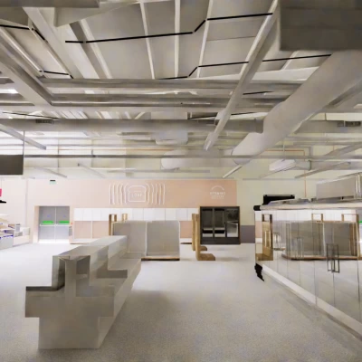Foodhall floor view with HVAC, mechanical and refrigeration system above
