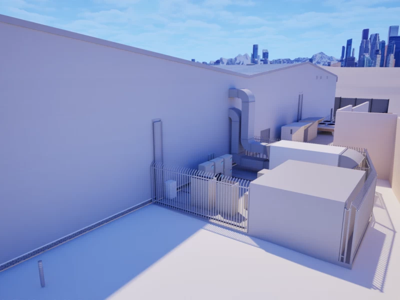 Rendered image showing exterior refrigeration, HVAC and pipework at rear of retail store